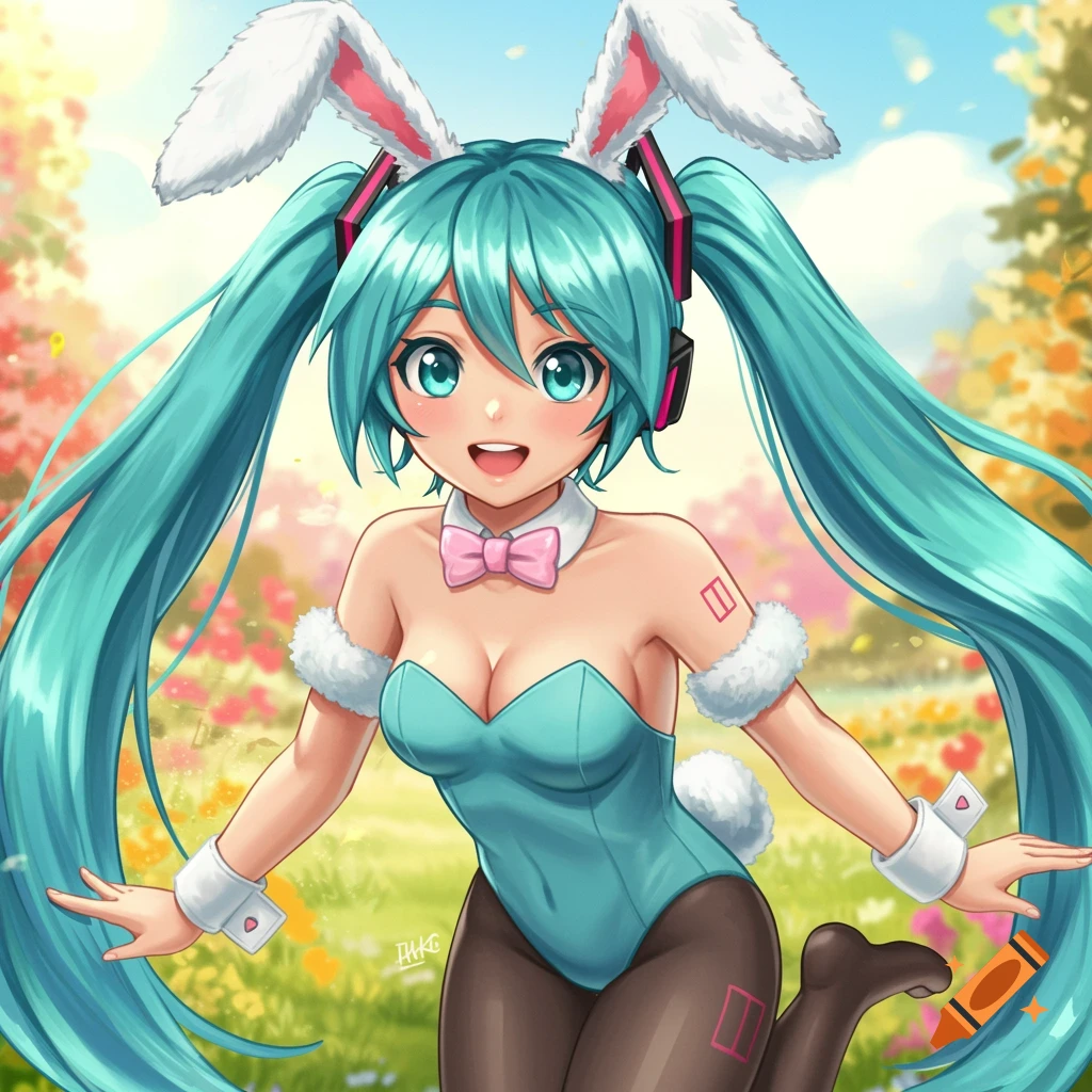 Hatsune Miku in a blue bunny suit with bunny ears and long turquoise pigtails stands in a bright, flowery field.