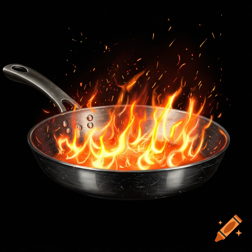 A frying pan sits with flames leaping out, against a black background.