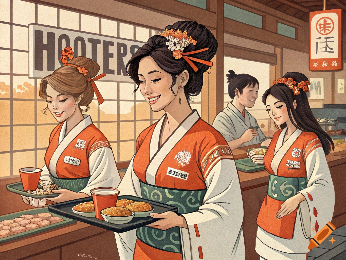 Ukiyo-e style illustration of women in kimonos serving food in a Japanese restaurant with a Hooters sign.
