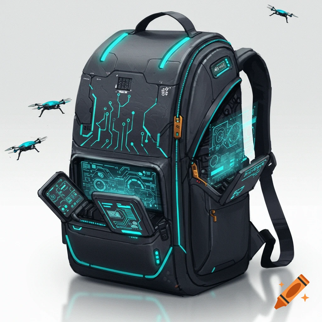 Futuristic backpack with glowing blue tech circuits and multiple screens, surrounded by flying blue drones.