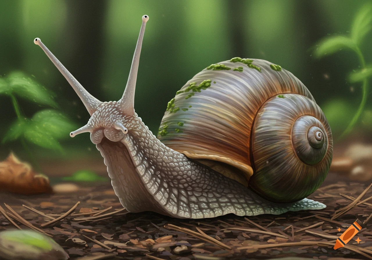 A detailed illustration of a snail on the forest floor.