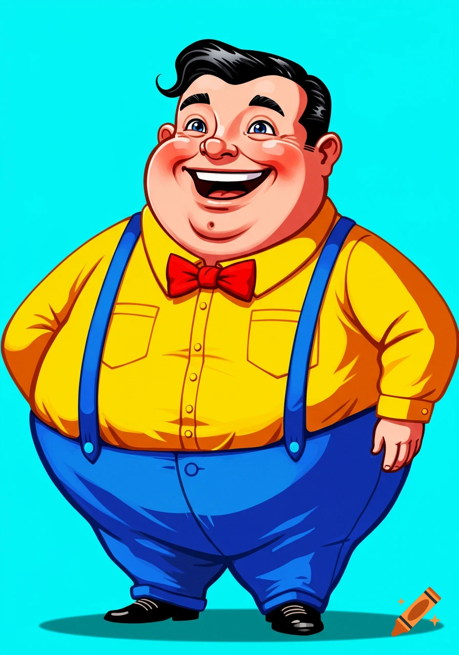 A cartoon illustration of a happy, overweight man wearing a yellow shirt and blue suspenders.