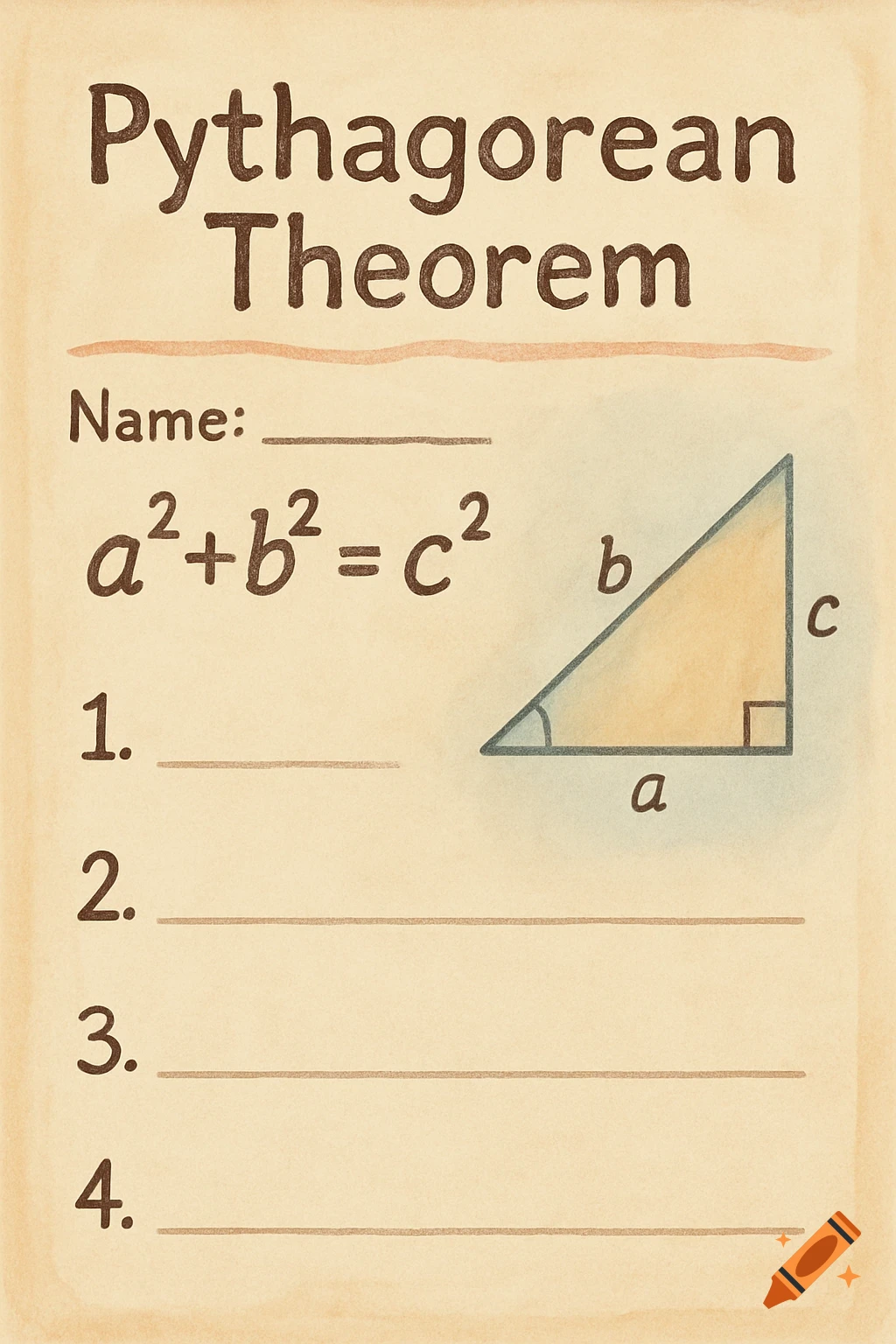 A worksheet page titled "Pythagorean Theorem" with the formula a^2+b^2=c^2, a right triangle diagram, a space for a name, and numbered lines.