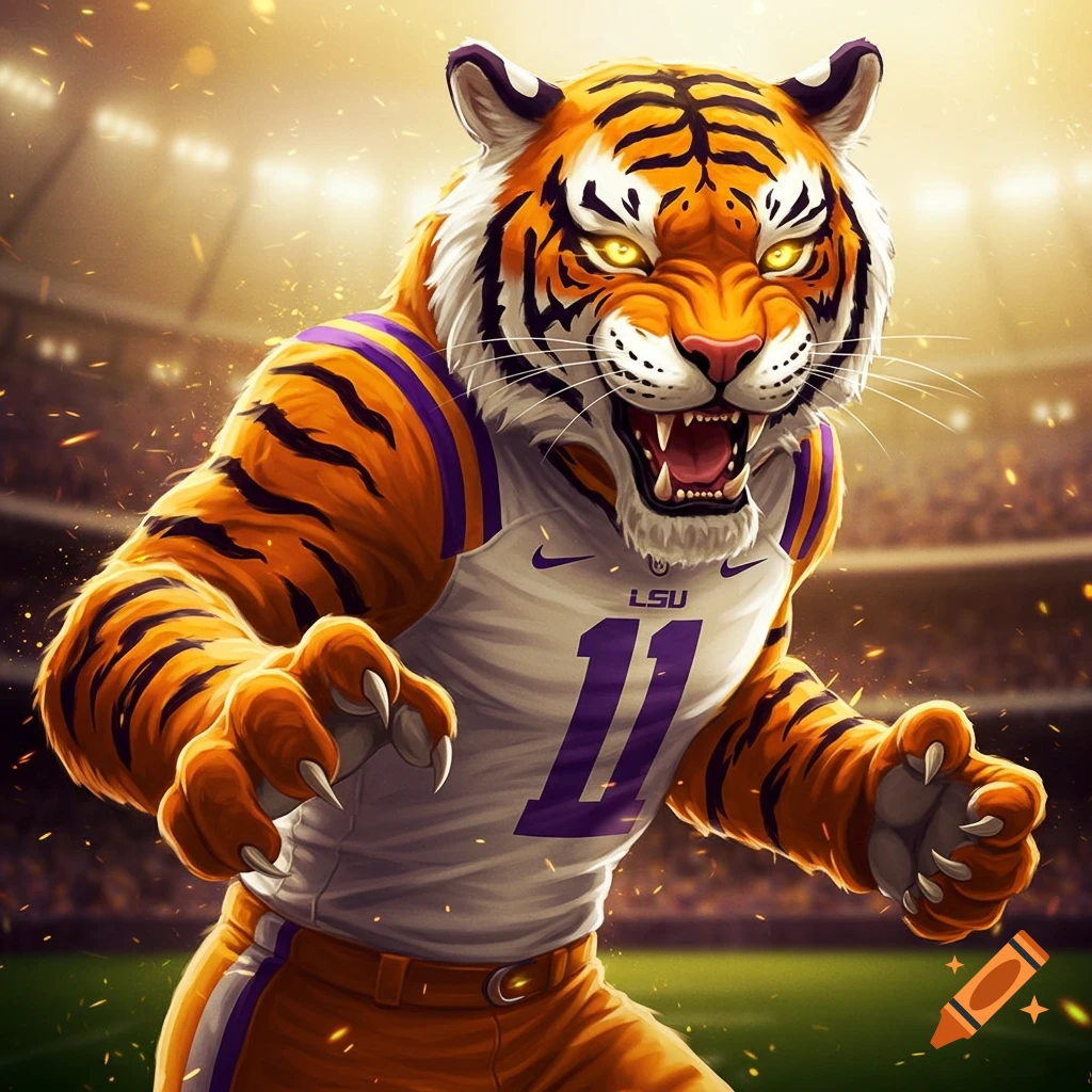 An illustrated tiger mascot wearing an LSU football jersey with the number 11, ready to play.