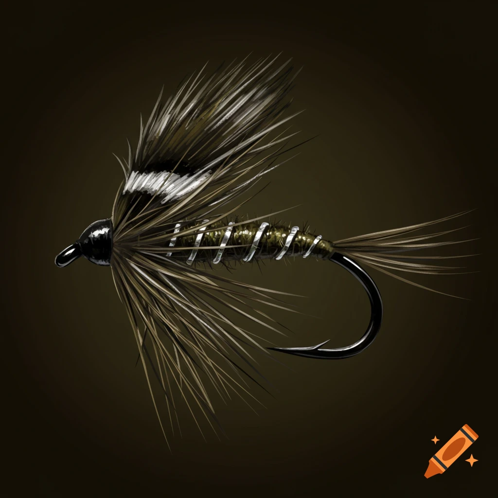 A detailed close-up of a fishing fly on a dark background.