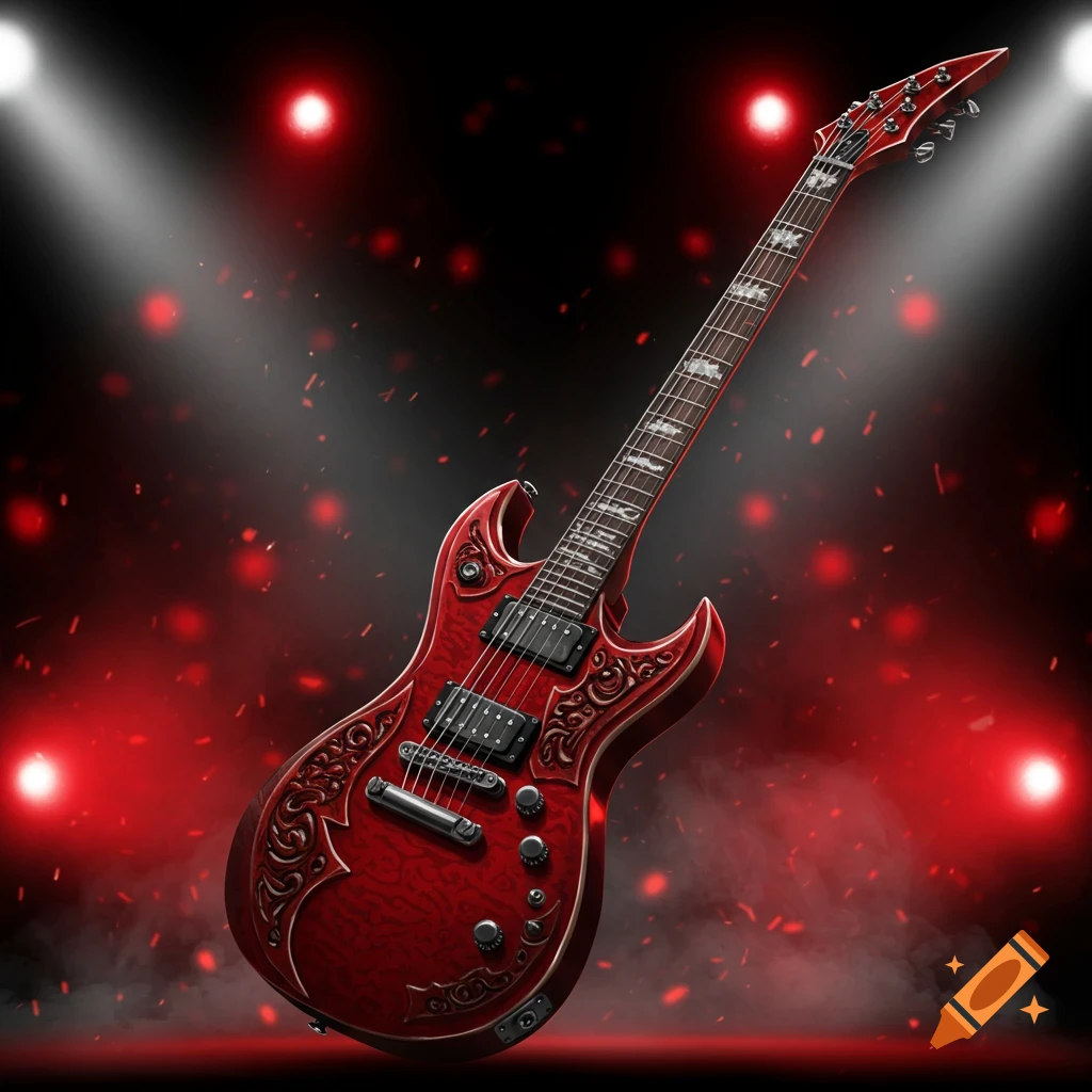 Red electric guitar on stage with red lights and smoke