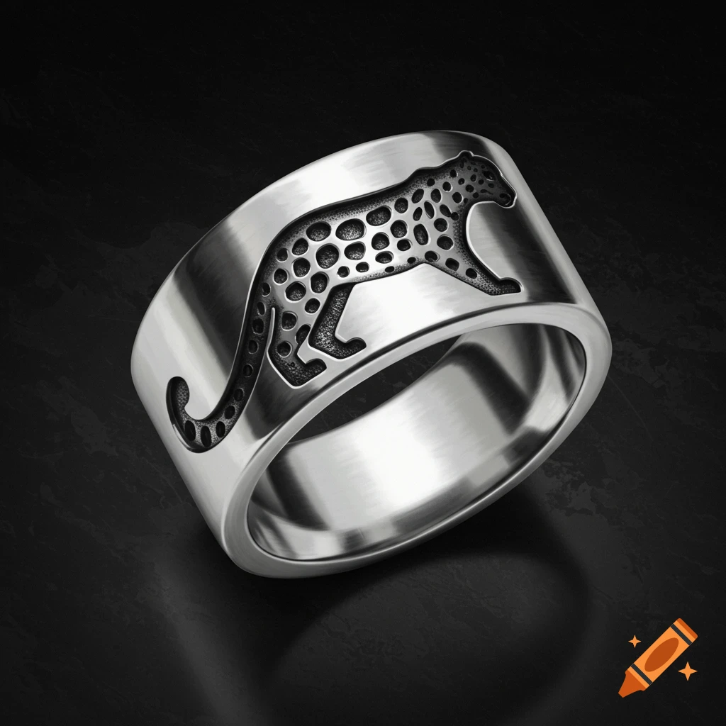 A silver ring with a cut-out silhouette design of a leopard walking.