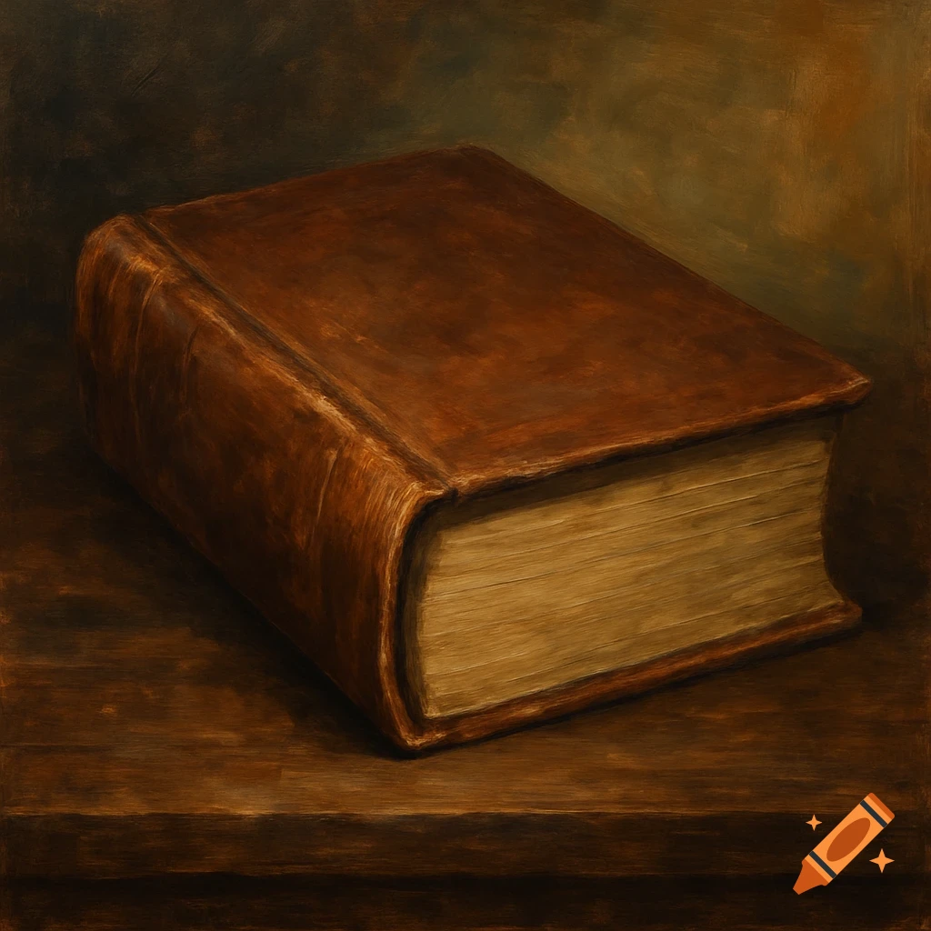 A brown leather-bound book sits on a dark wooden surface, painted in a classic still life style.