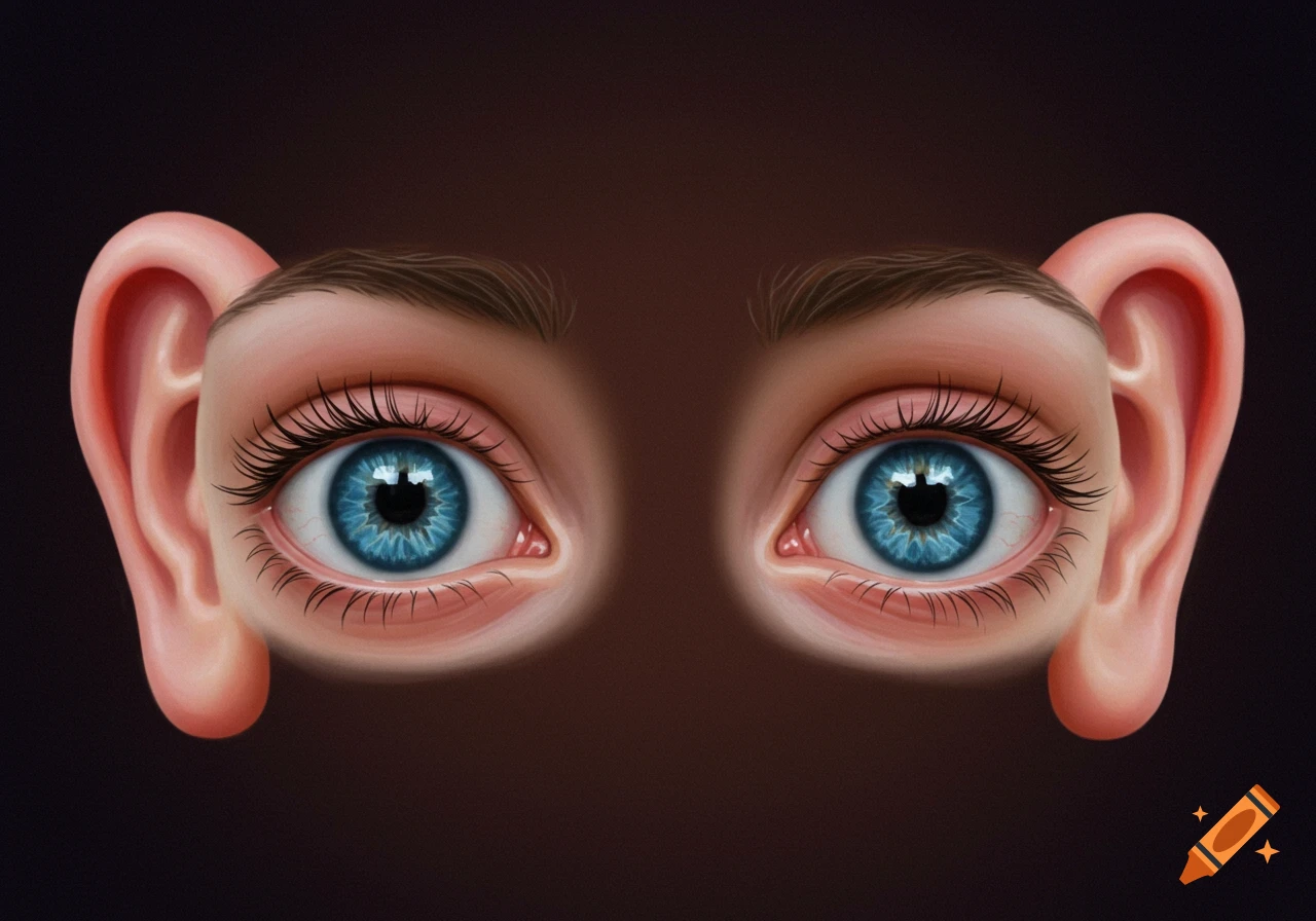 Close-up illustration of two human eyes with ears attached