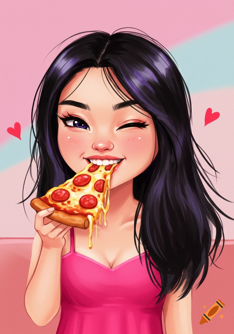 Illustration of a cute woman with black hair eating a slice of pepperoni pizza with dripping cheese against a pink background.