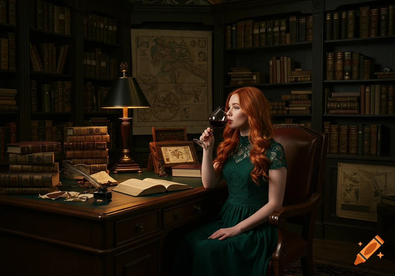 A woman with red hair sits in a dark library, holding a glass of wine.