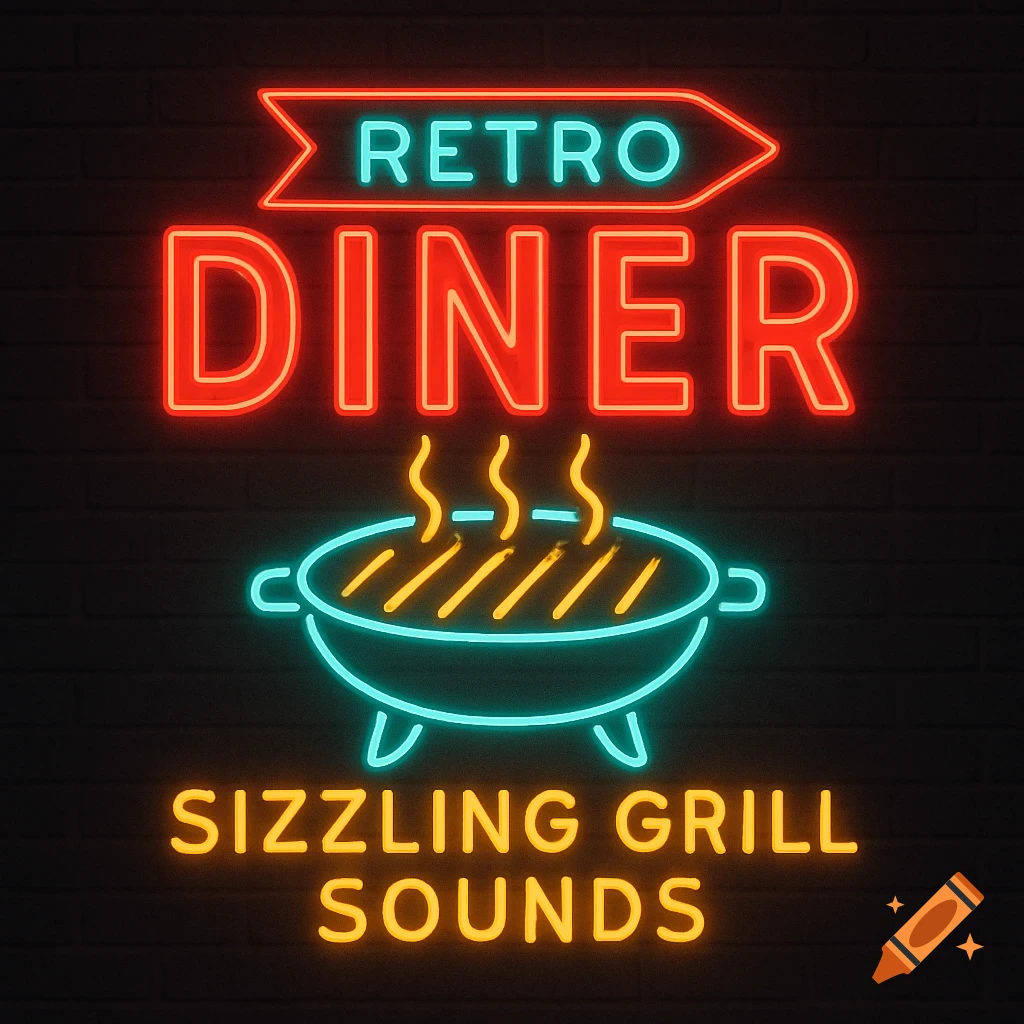Retro diner neon sign on a brick wall. The sign reads 'RETRO DINER' above a grill and 'SIZZLING GRILL SOUNDS' below.