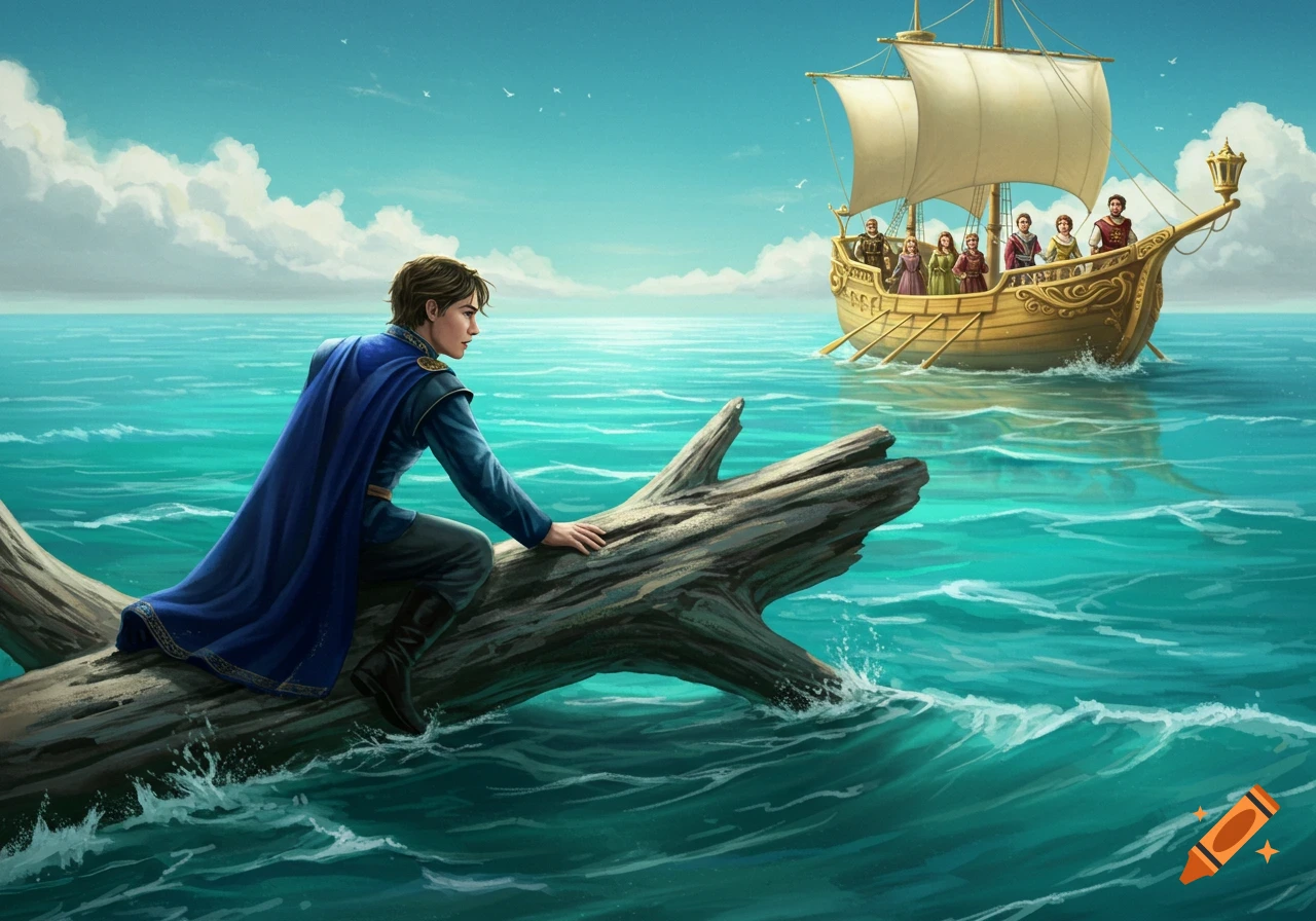 A young man sits on a floating log, watching a golden ship with people on board sail towards him.