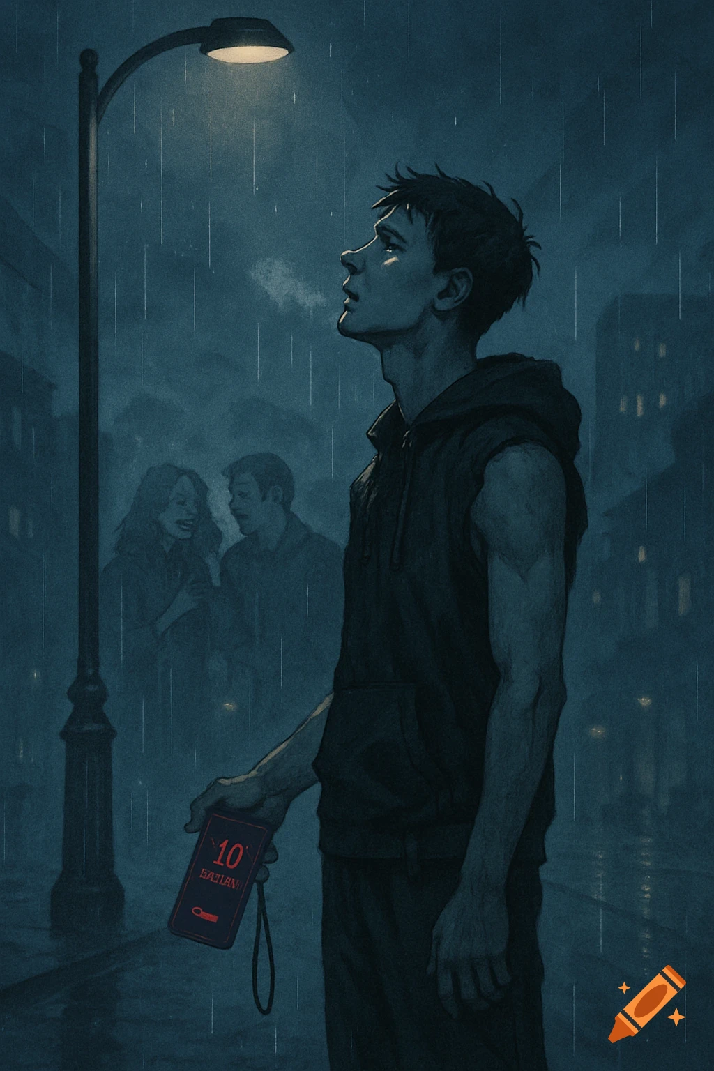 An illustration of a young man standing alone under a street light in the rain, holding a phone.
