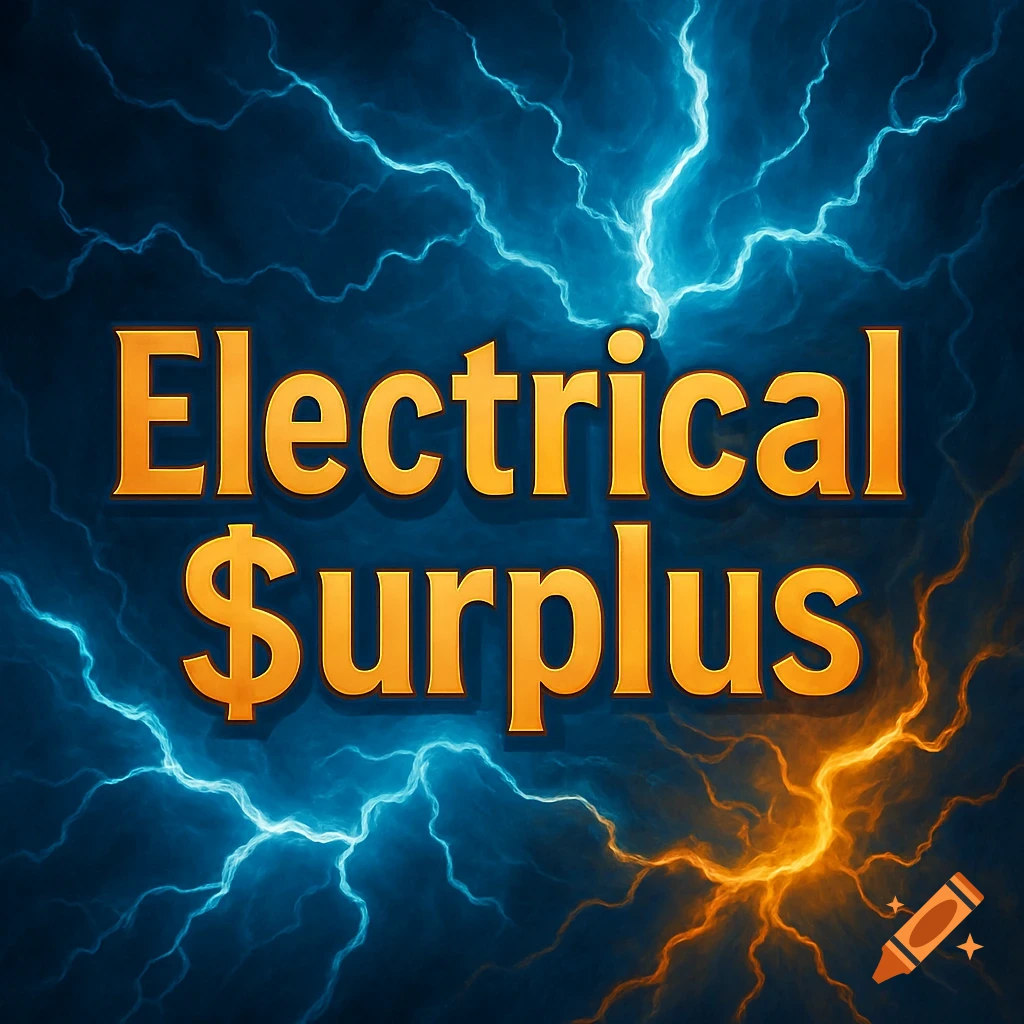 Orange text Electrical$urplus over a dark background with blue and orange lightning.