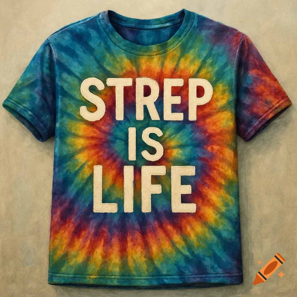 Tie-dye t-shirt with the words "STREP IS LIFE" printed in white.