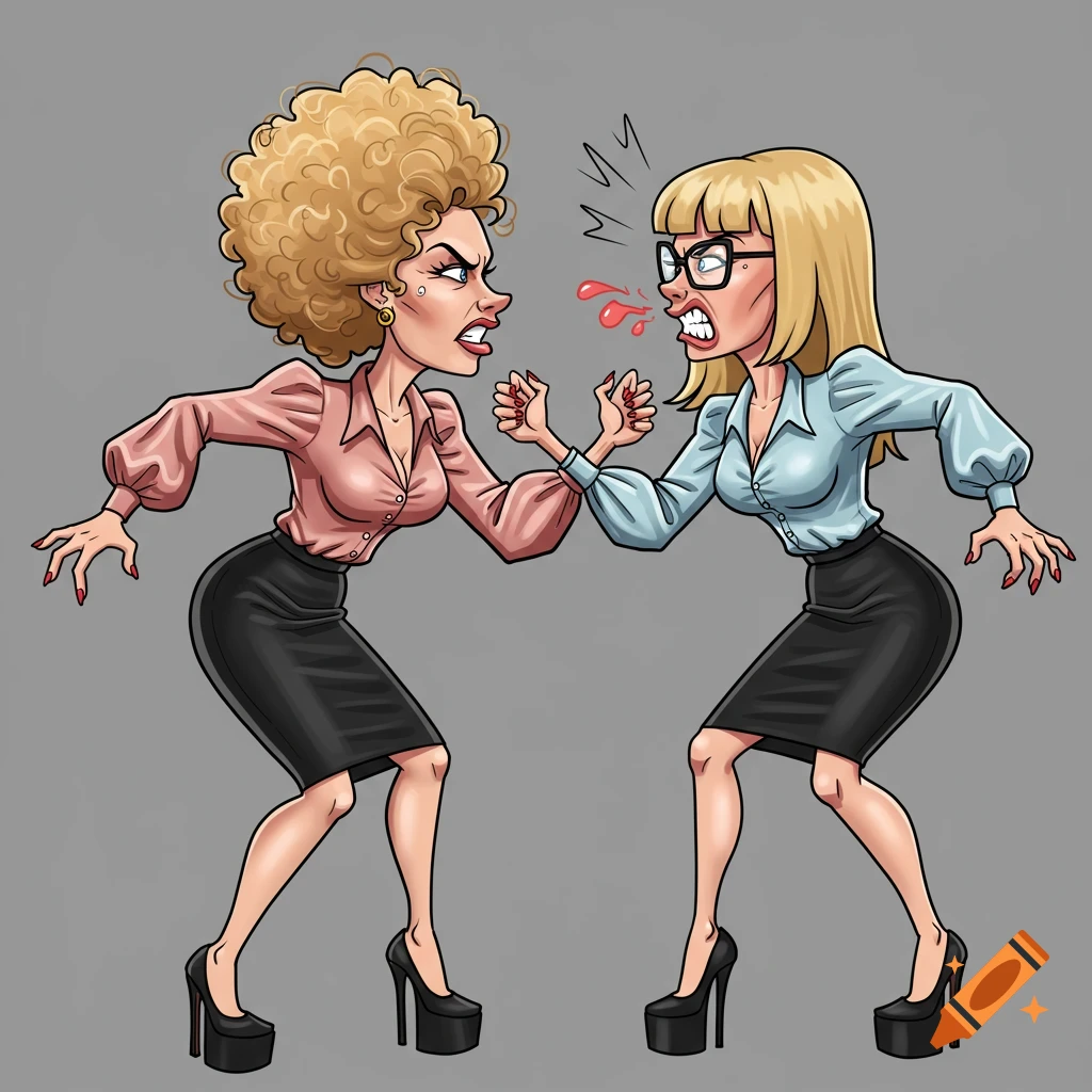 Cartoon caricature of two angry women office workers arguing