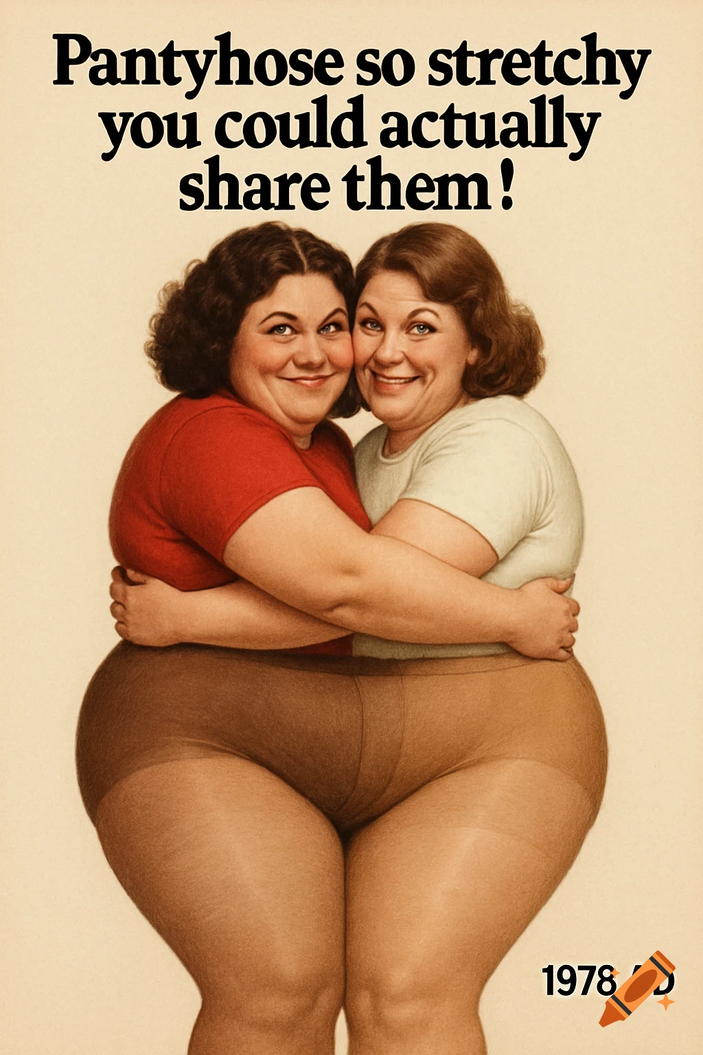 Vintage ad shows two women sharing a pair of stretchy pantyhose with text.