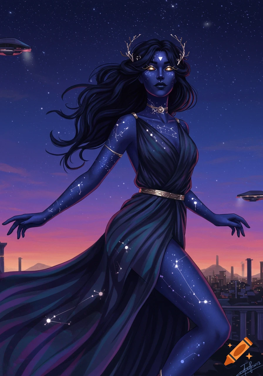 Digital art of a goddess with starry skin and antlers, wearing a flowing gown, standing against a night sky with spaceships and a city skyline.