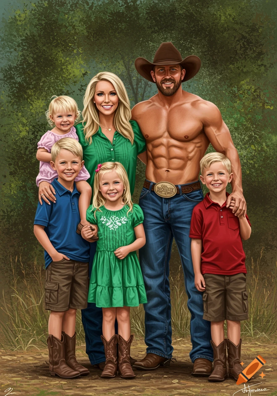 Family portrait of a cowboy father, mother, and four children outdoors in an illustration style.