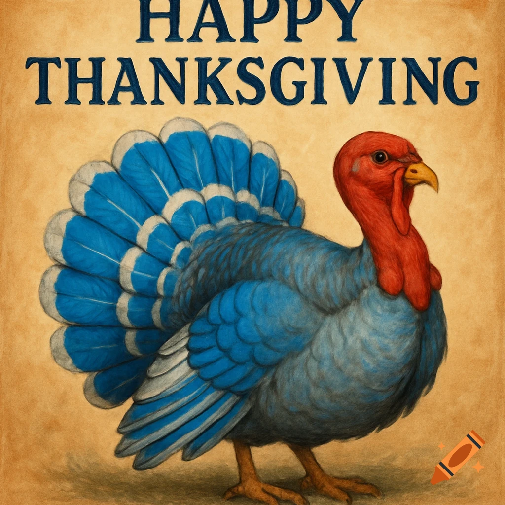 Illustrative turkey with blue feathers under HAPPY THANKSGIVING text.