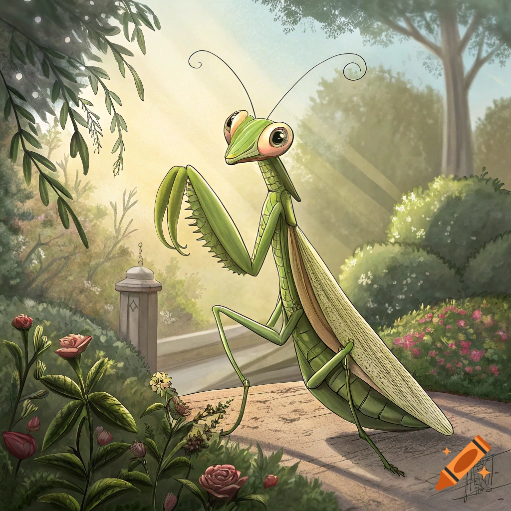 Cartoon praying mantis standing on a path in a sunny garden with flowers.