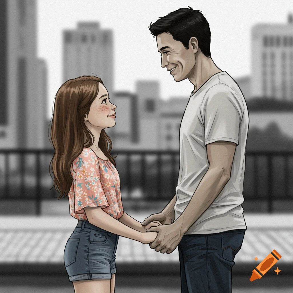 Illustration of a young couple holding hands and looking at each other, with a city background.