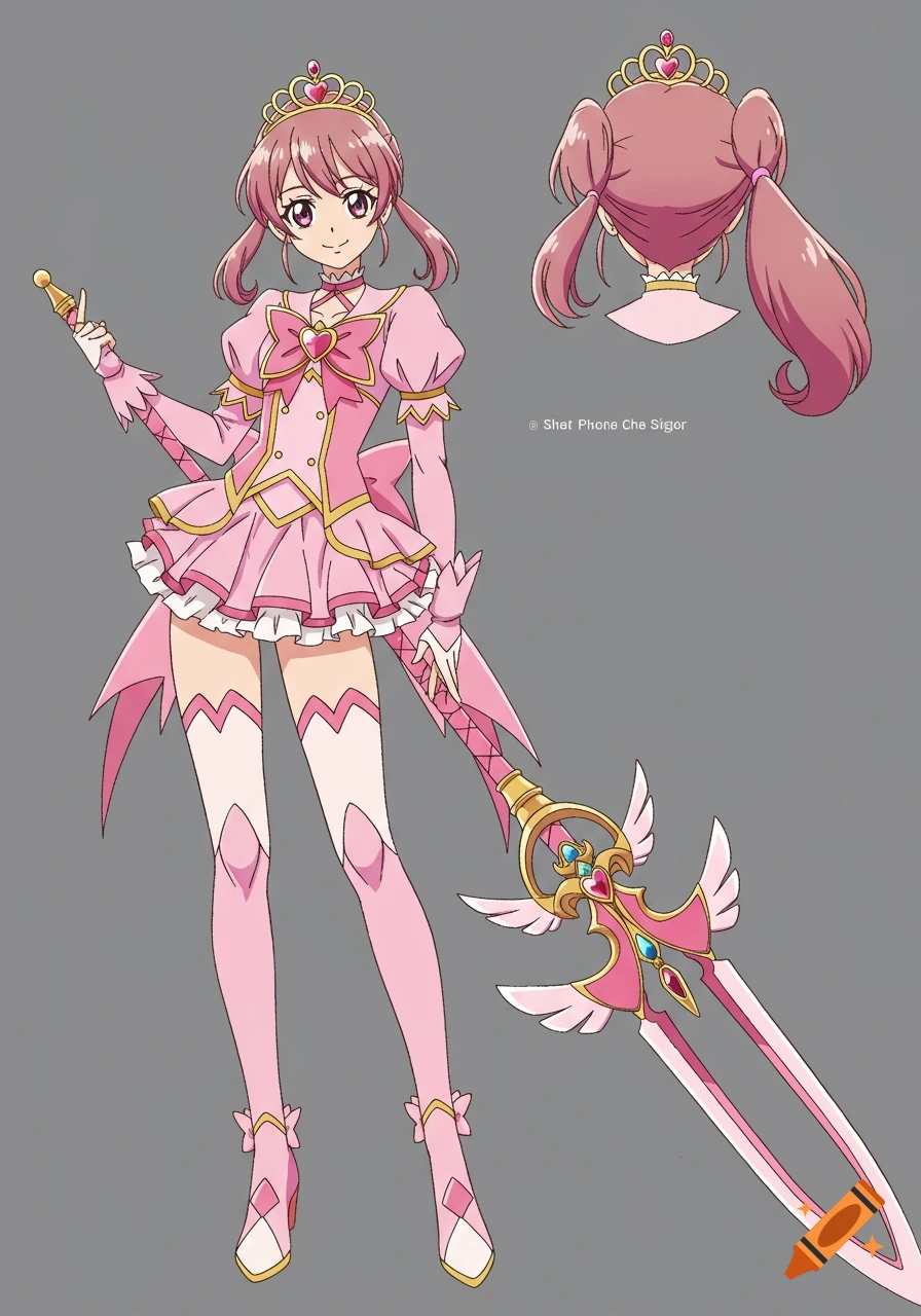 Anime style character sheet of a pink magical girl with pigtails, wearing a tiara and holding a large sword.