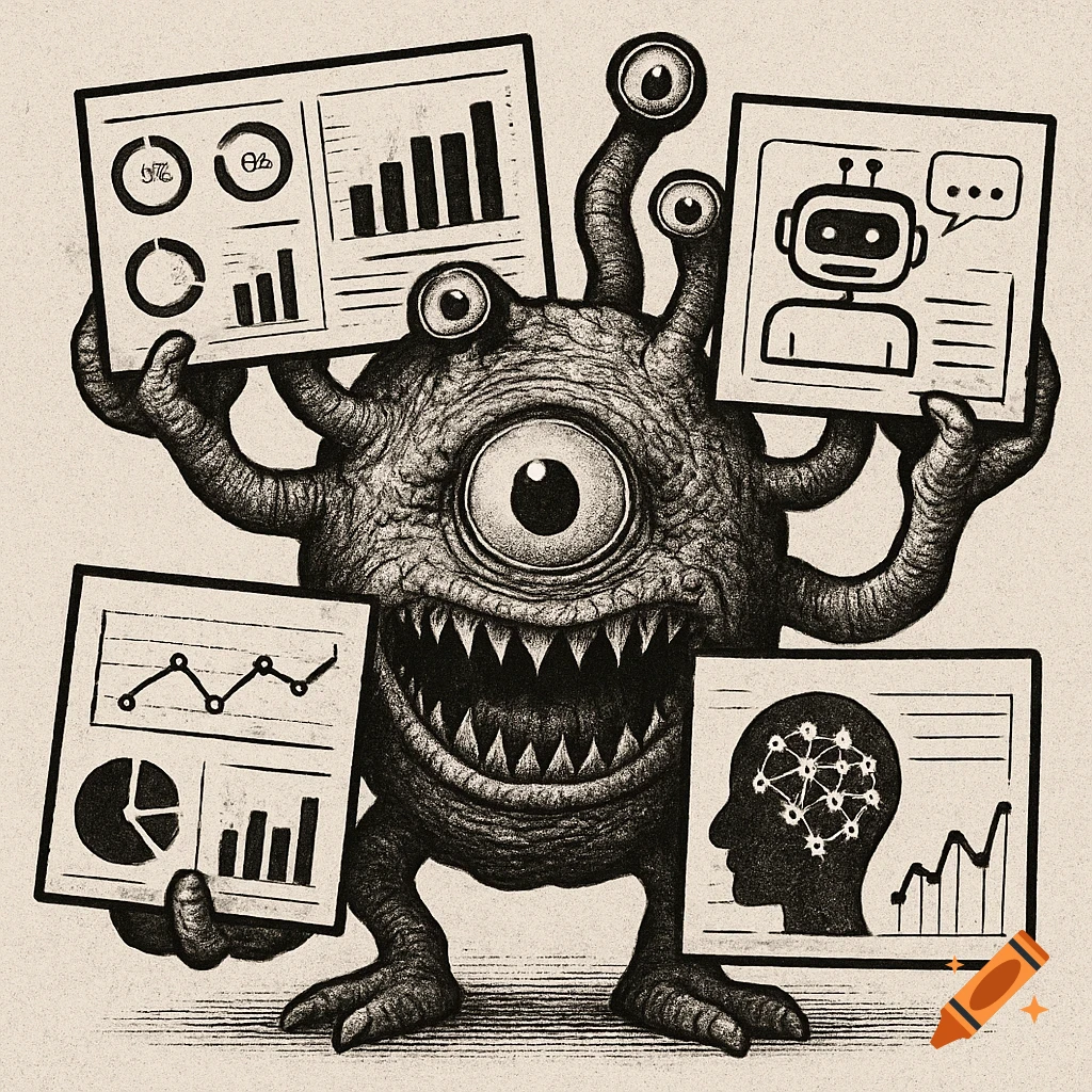 Black and white illustration of a monster holding up charts, graphs, and a chatbot screen.