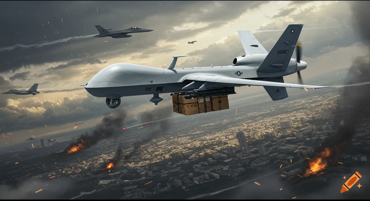 A large military cargo drone flies over a city experiencing explosions, flanked by fighter jets.