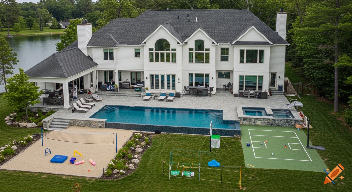 Aerial view of a large white house with pool, patio, volleyball court, and sports field next to a lake.