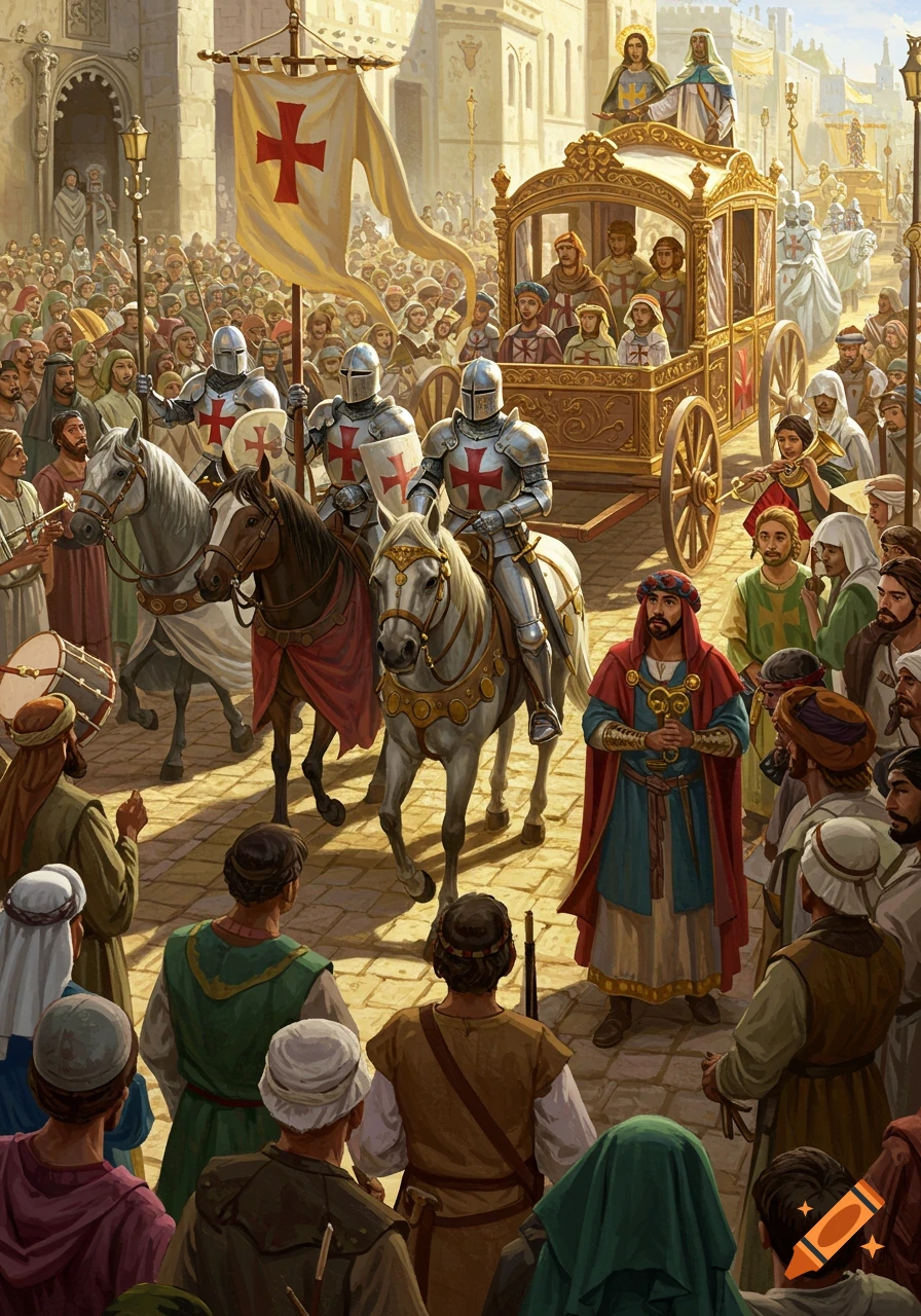 Illustration of a historical/fantasy parade with knights on horseback, a carriage, and a large crowd in a sunlit street.