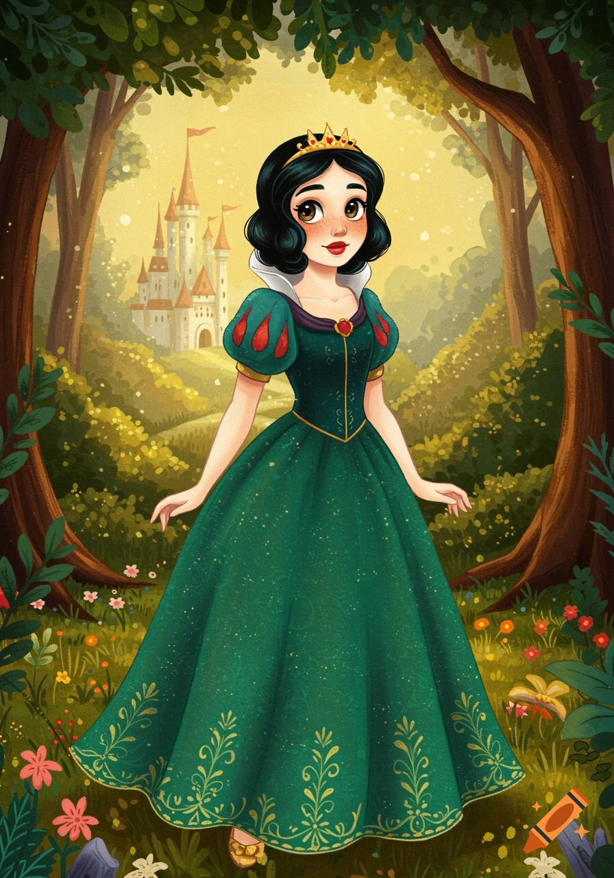 A cartoon princess in a green dress stands in a forest with a castle in the background.