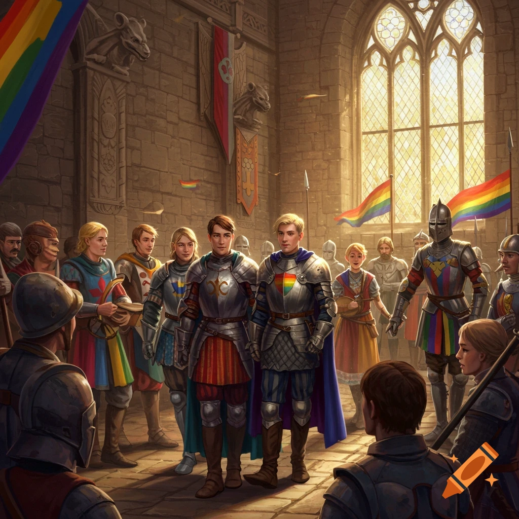 Knights and people in a castle hall with rainbow flags celebrating pride.