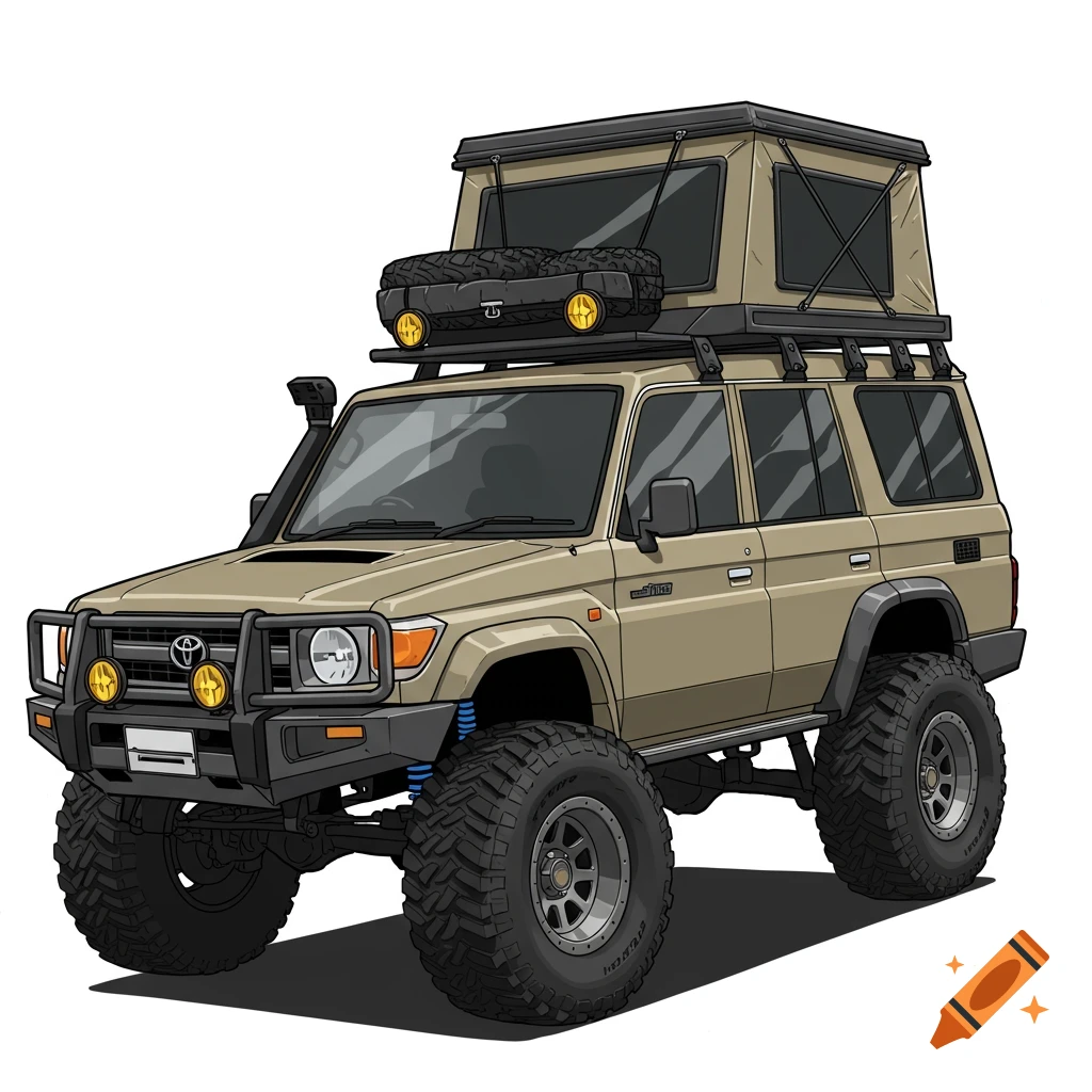 A cartoon drawing of a tan off-road Toyota Land Cruiser with a roof tent, large tires, and a bullbar.