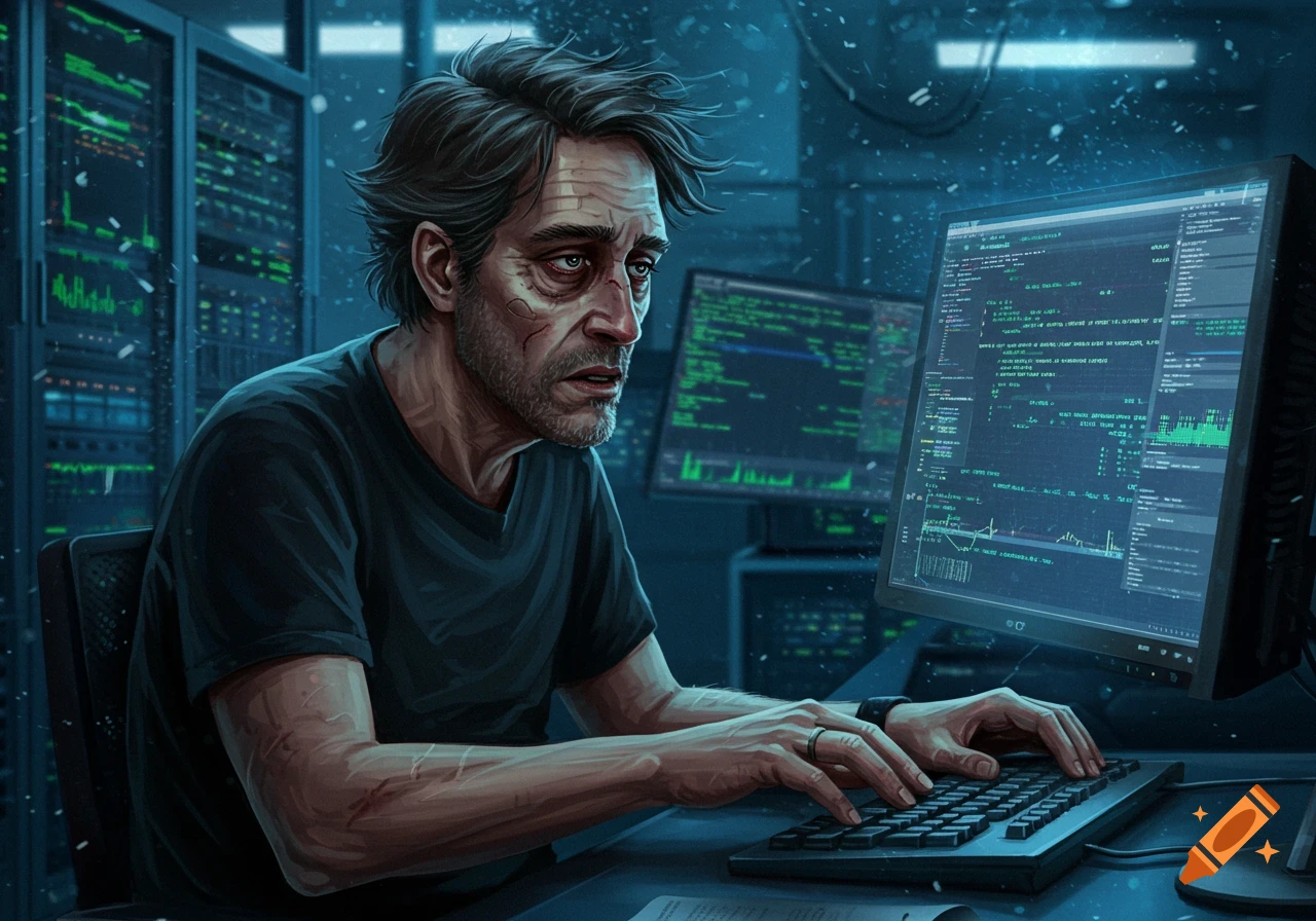 A tired man works on computers in a server room, bathed in blue monitor light.