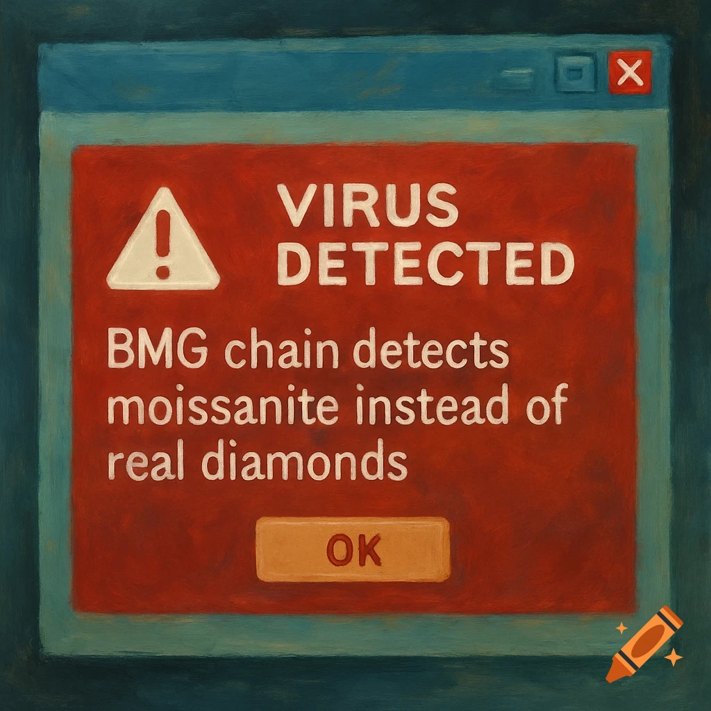 Painting of a computer error message saying "VIRUS DETECTED BMG chain detects moissanite instead of real diamonds" with an OK button.