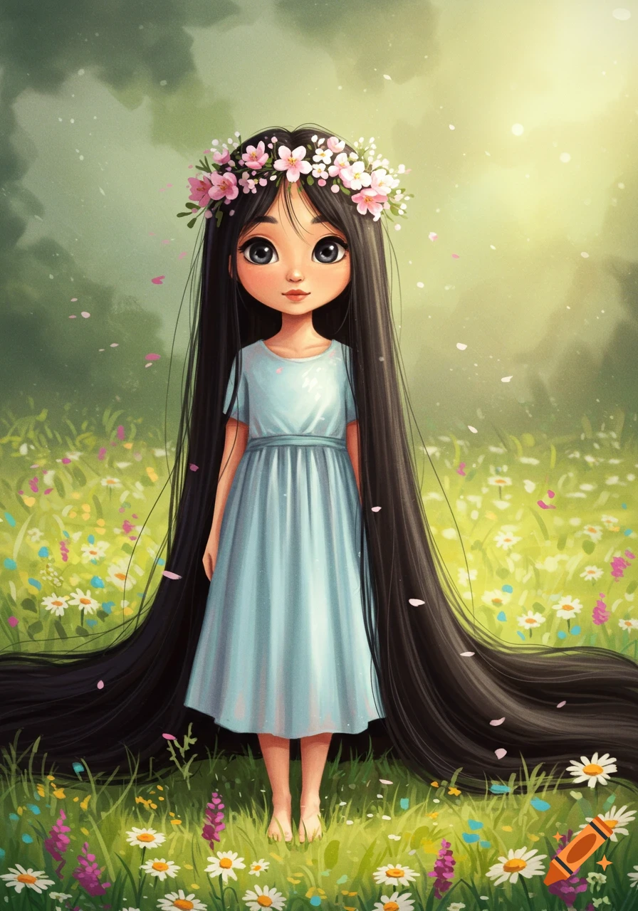 An illustration of a girl with very long black hair and a flower crown ...