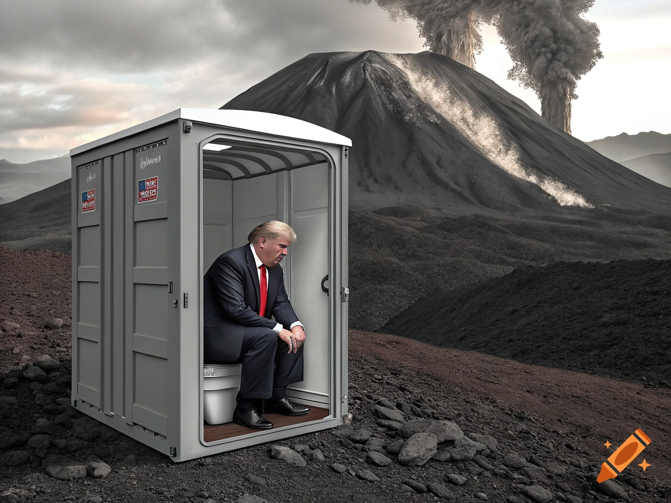 Donald Trump sits on a portable toilet in a volcanic landscape with eruptions.