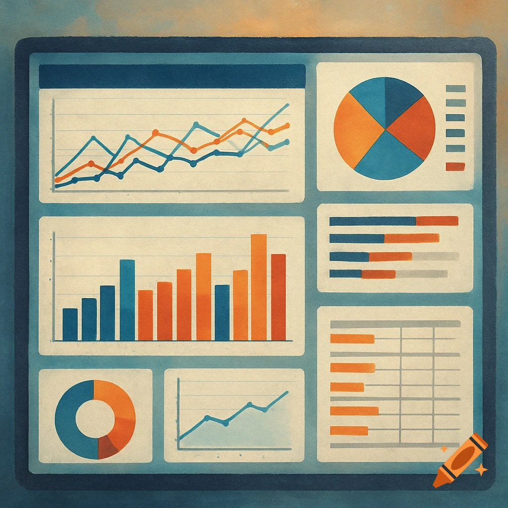 A business dashboard displaying line graphs, bar charts, and pie charts in a textured style.