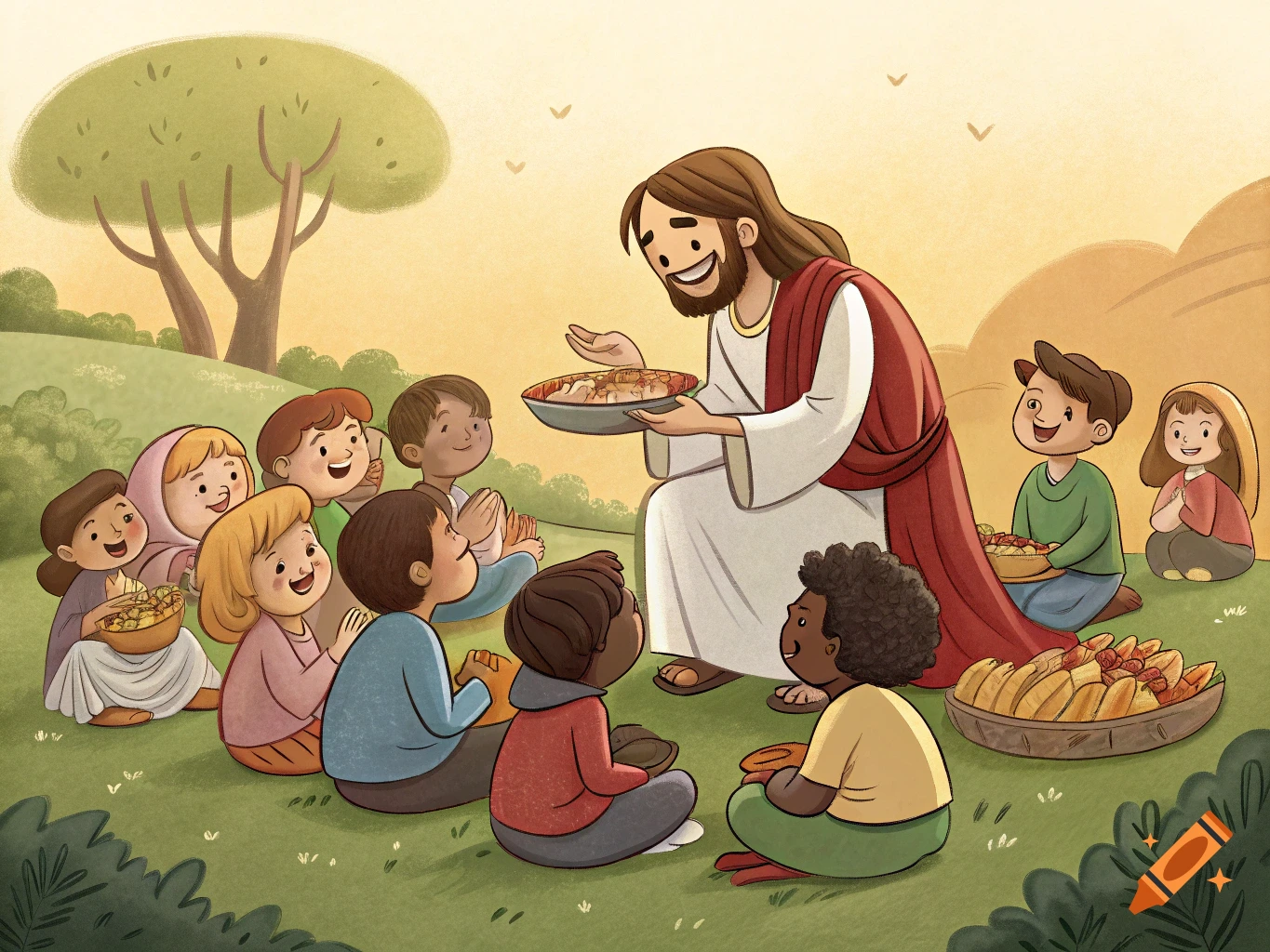 Cartoon illustration of Jesus feeding a crowd of children sitting on the grass.