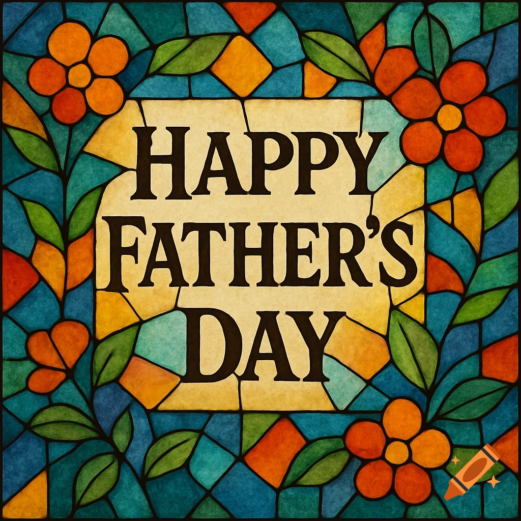 Greeting card cover with 'Happy Father's Day' text in a stained glass style with colorful geometric shapes and flowers.