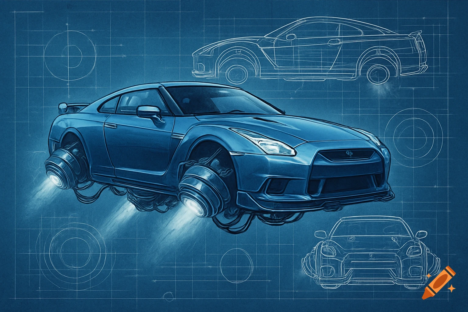 A blue flying car floats over a blueprint background.