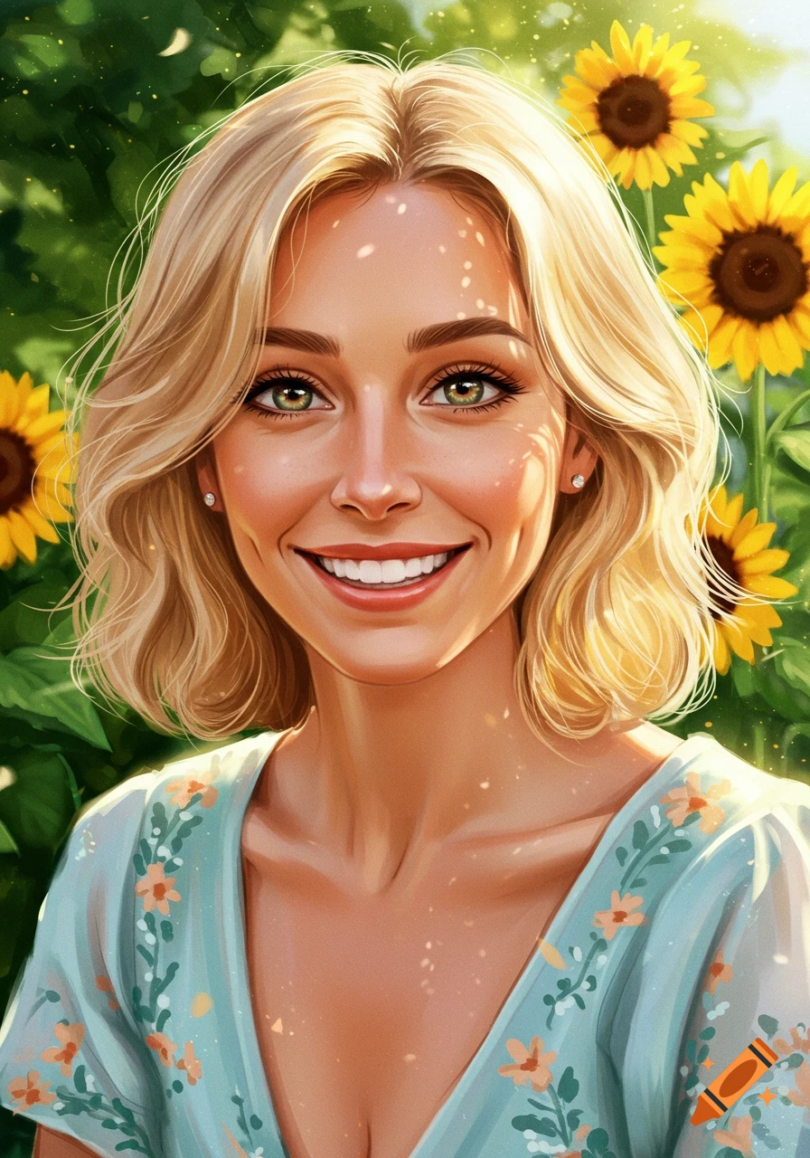 Smiling blonde woman in a floral dress stands among sunflowers in a sunny portrait.