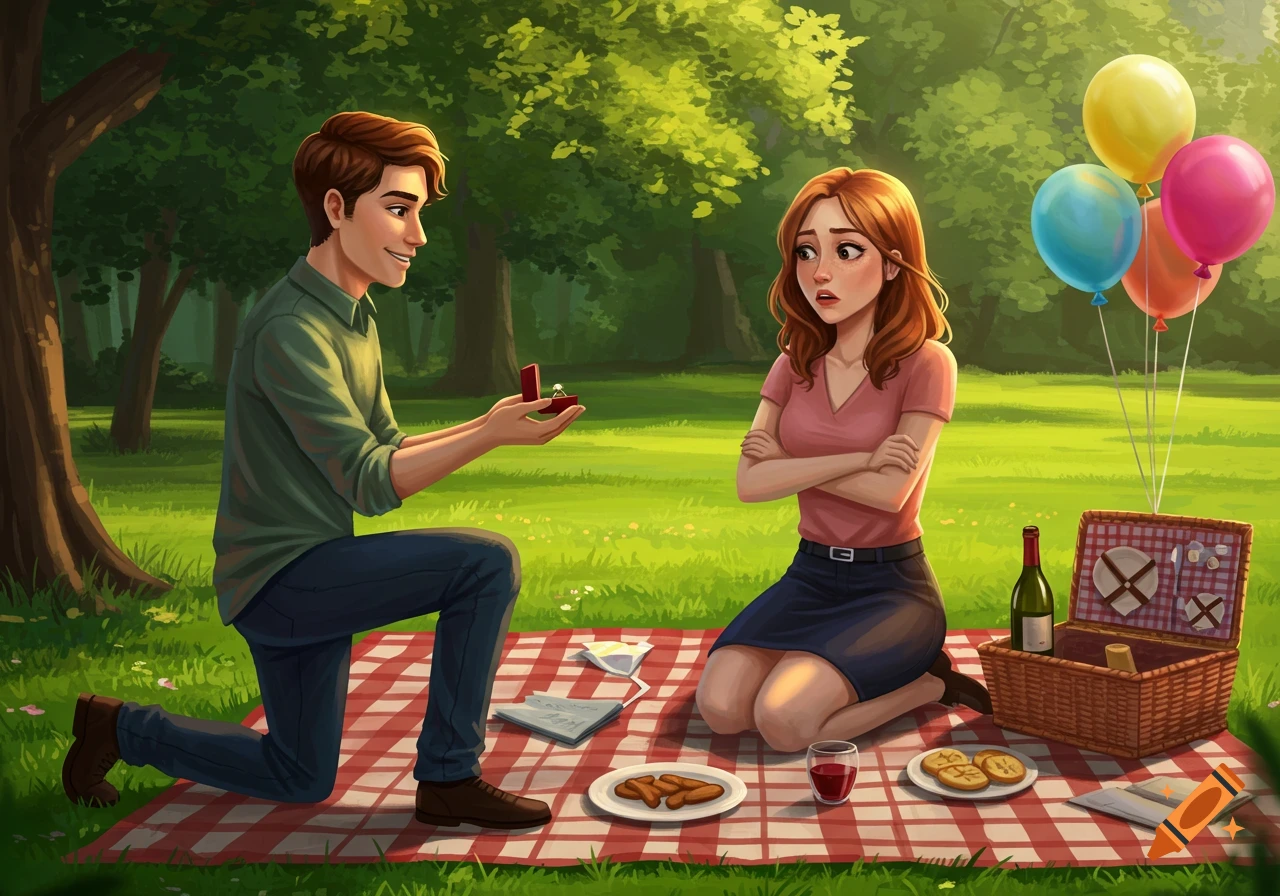 An illustration of a man proposing to a woman during a picnic in a park. The woman looks shocked and unhappy.