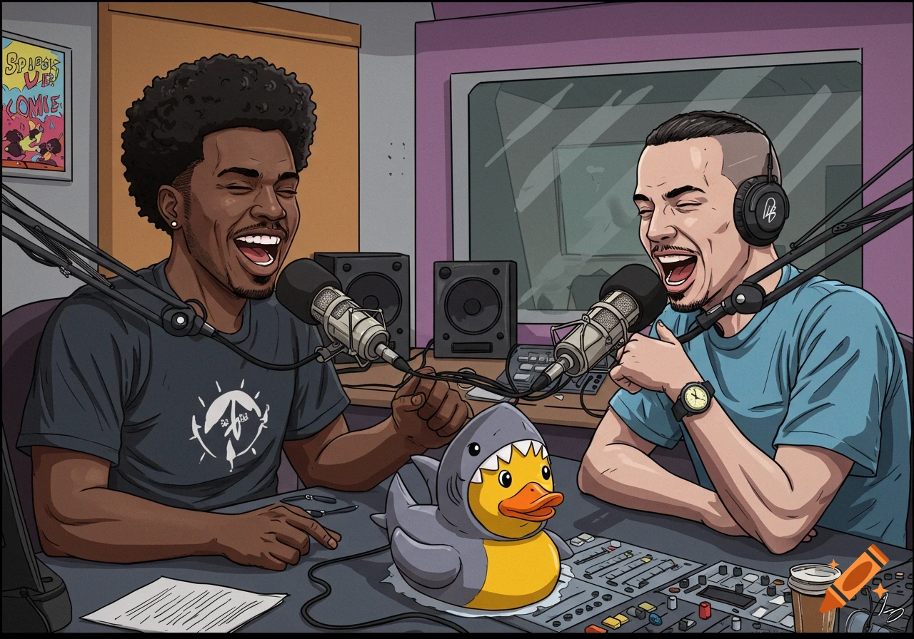 Cartoon illustration of two men laughing while recording a podcast with a rubber duck dressed as a shark.