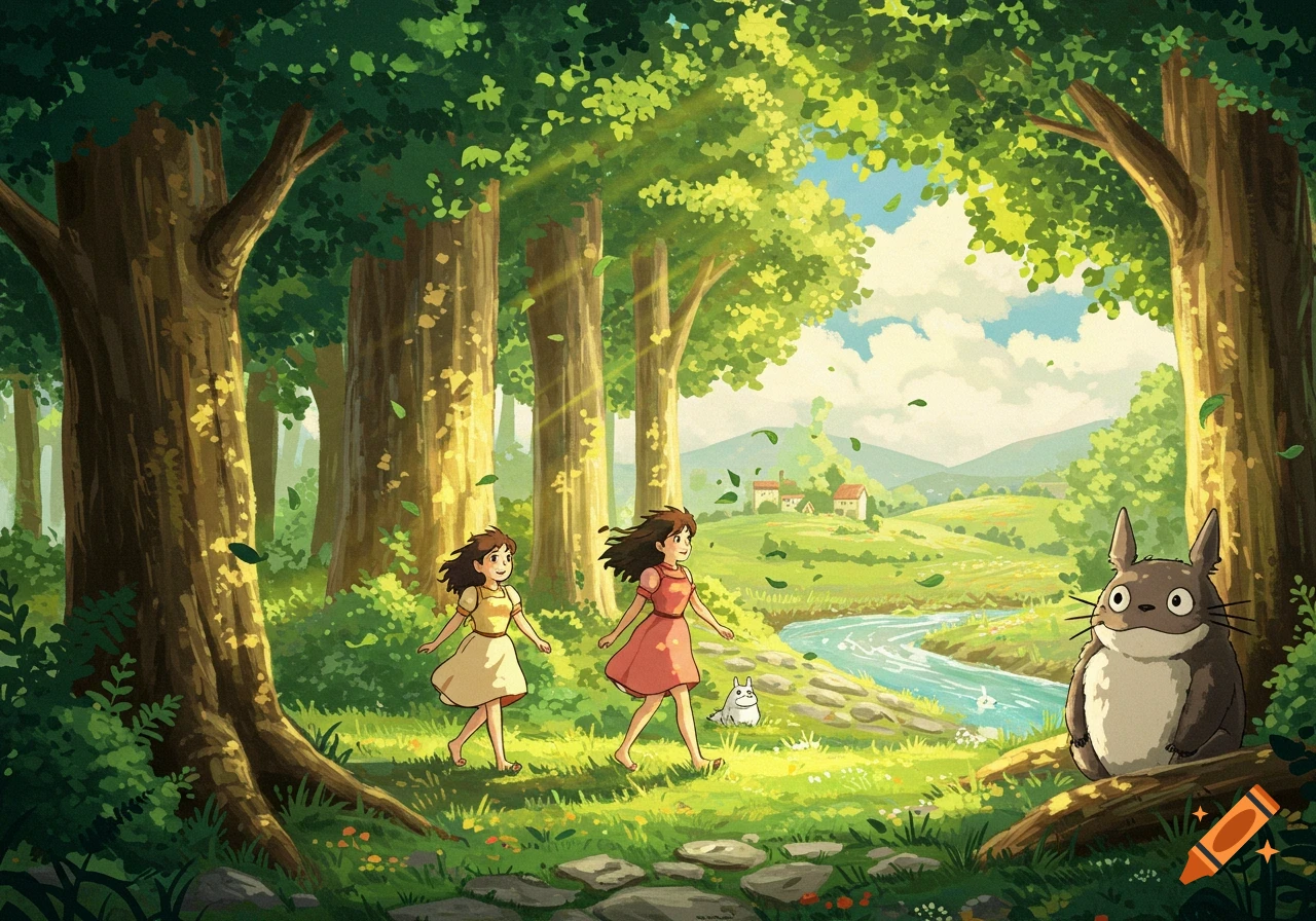 two-girls-and-totoro-walk-through-a-sunny-forest-landscape-in-studio