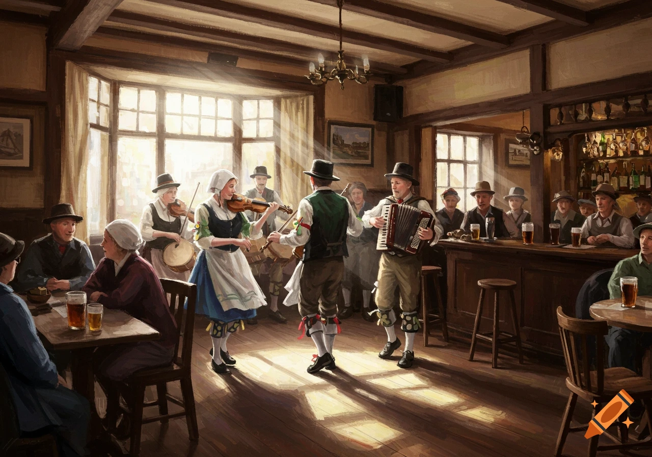 A Morris dancing team performs music in a pub filled with patrons, in a painting style.