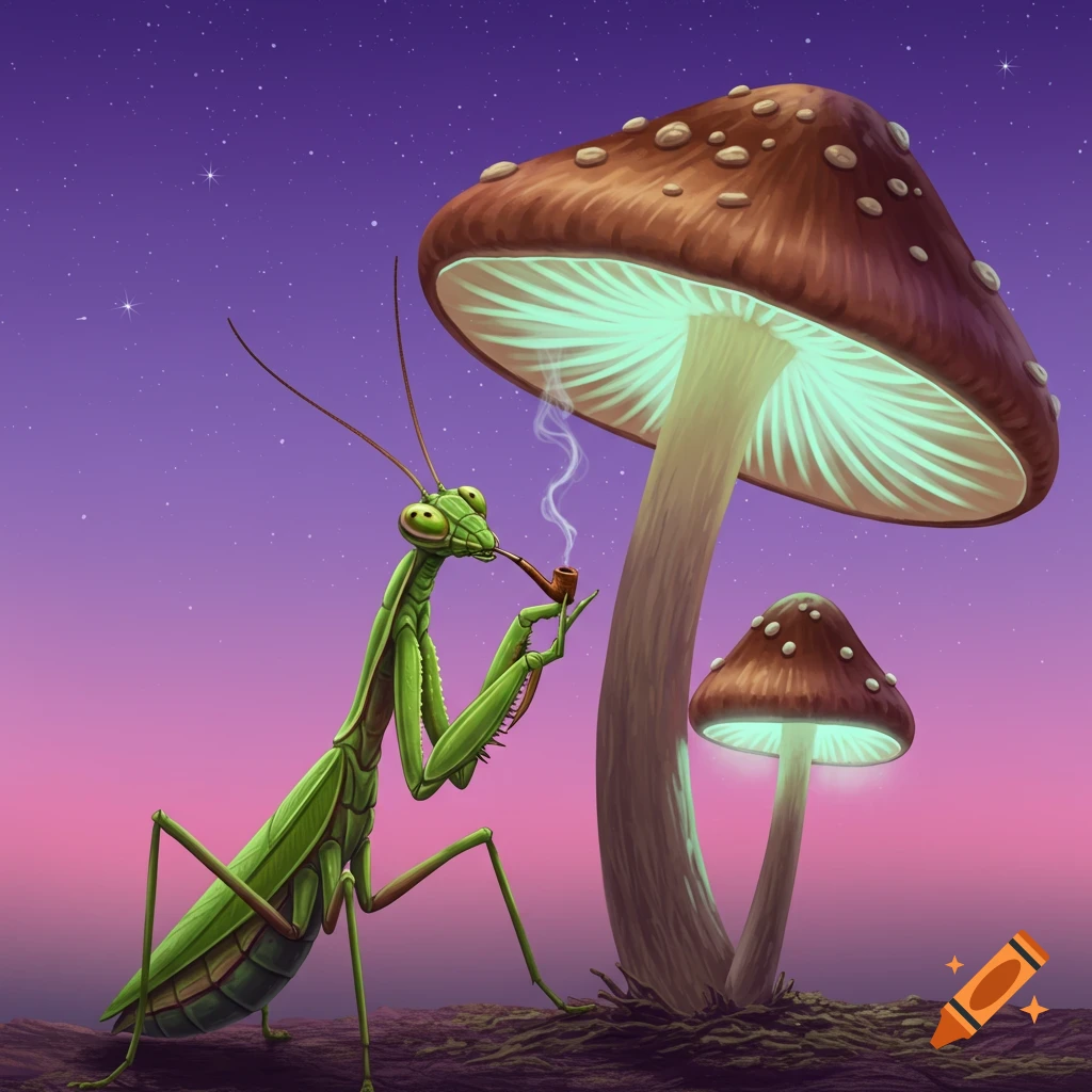 An illustration of a praying mantis smoking a pipe next to two large, glowing mushrooms under a starry sky.