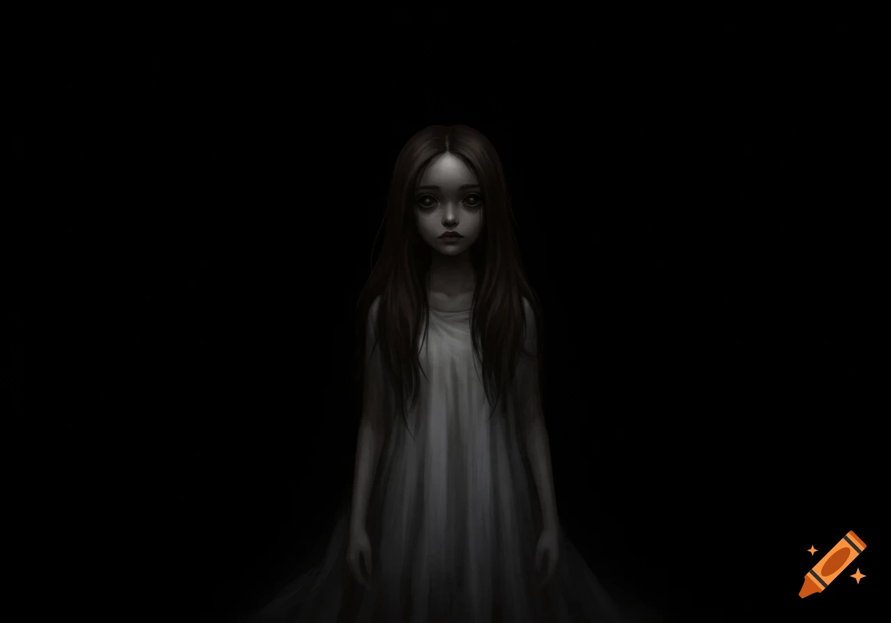 A dark digital painting of a creepy girl in a white dress standing in the dark.
